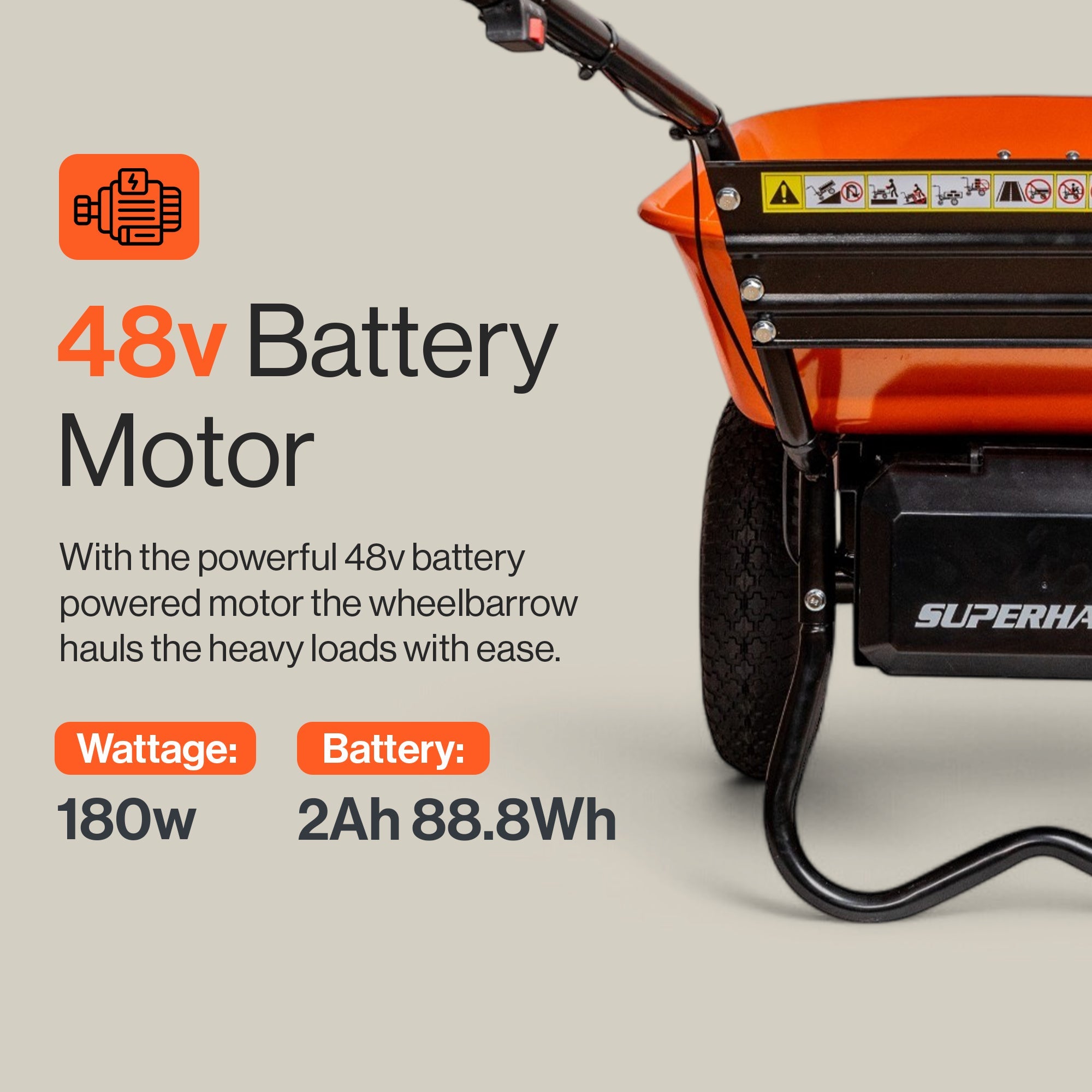 SuperHandy Electric Wheelbarrow – 48V Li-Ion Battery, 150kg Capacity, 85L Steel Powder Coated Tub, Material & Debris Hauler Utility Cart